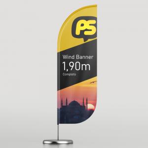 Wind Banner Completo 1,9m Tecido Poliéster 98g 190x65cm 4x4 - Impressão Ultra HD Sublimática  Dupla-Face Costurado Base Plástica - Haste Desmontável Curva