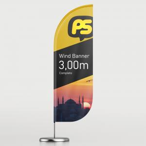 Wind Banner Completo 3,0m Tecido Poliéster 98g 300x65cm 4x4 - Impressão Ultra HD Sublimática  Dupla-Face Costurado Base Plástica - Haste Desmontável Curva